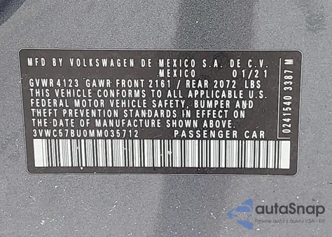 2021 Volkswagen Jetta 1.4T R-Line/1.4T S/1.4T Se из США, поврежденный, VIN 3VWC57BU0MM035712